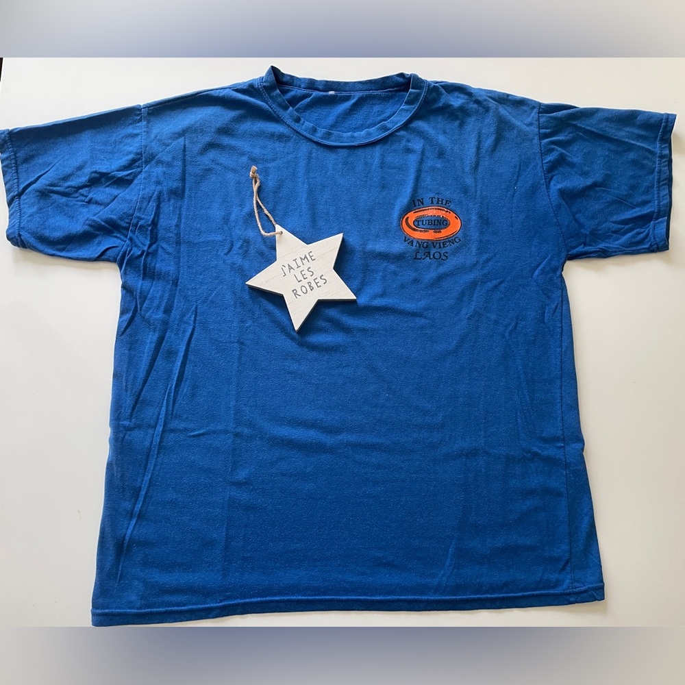 Men's Vivid Blue Graphic Tee with “Tubing in the Vang Vieng Laos” Logo